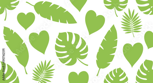 Minimalist tropical pattern featuring various silhouettes of green palm and monstera leaves mixed with hearts on a clean white background.