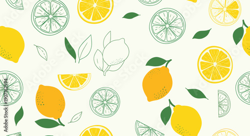 Elegant botanical lemon pattern featuring whole fruits slices and green leaves in a mix of solid colors and line art on cream background.