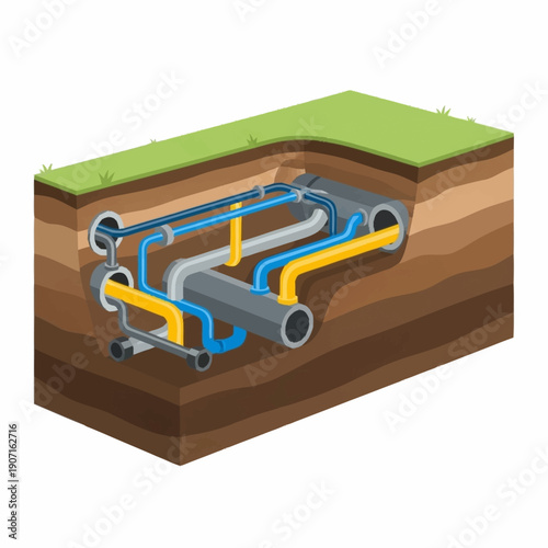 Картината върху платно Underground Utility Network Cross Section with Pipes and Cables.