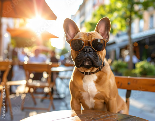 French Bulldog wearing sunglasses sitting at outdoor cafe table