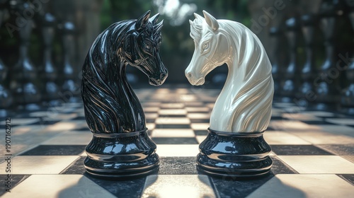 Black and white knight chess pieces facing each other on a chessboard.