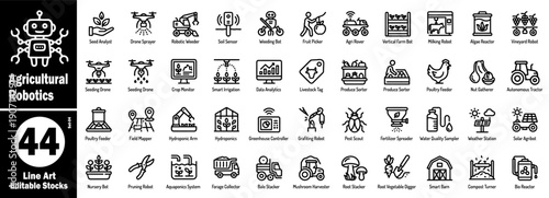 Agricultural robotics line icons set. Including autonomous farming equipment, smart irrigation systems, robotic seeders, drone sprayers, greenhouse controllers, and automated harvesters vectors.