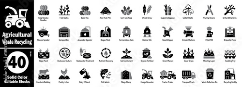 Agricultural waste recycling icons. Collection of forty solid symbols of biomass energy, compost bins, and organic waste processing for sustainable farming and resource management vector illustration.
