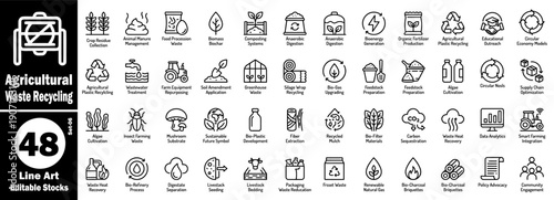 Agricultural waste recycling line art icons set. Collection of editable stroke vectors for sustainable farming and environmental management processes vector illustration.