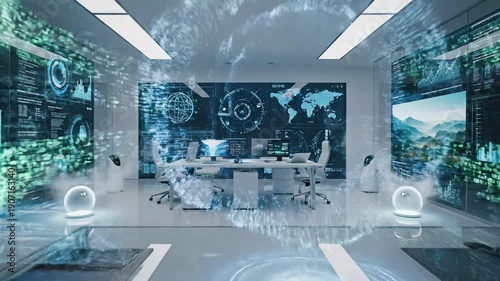 Wallpaper Mural Futuristic Smart Office Animation with AI Holographic Data and Digital Screens Torontodigital.ca