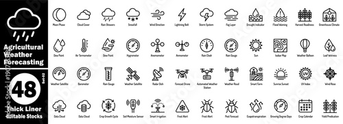 Agricultural weather forecasting thick liner icons set. Collection of editable stroke vectors for advanced farm climate prediction vector illustration.
