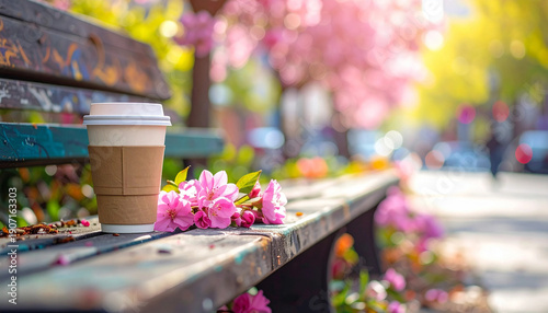 Paper coffee cup on wooden park bench with pink spring flowers