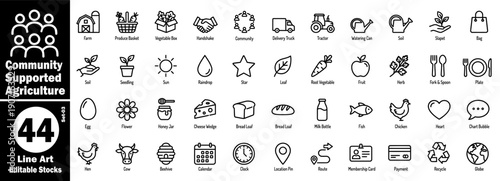 Community-supported agriculture line art icons. Editable stocks with transparent background for easy use, showcasing various farm-to-table concepts, vector illustration.
