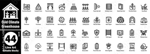 Cold climate greenhouse line art icons set. Featuring greenhouse blueprints, insulated A-frames, thermal curtain systems, and snow load roofs for high-performance winter gardening vector illustration.