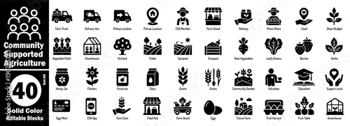 Community-supported agriculture icons set. Solid color editable stocks with transparent background, featuring farm logistics and fresh food vector illustration.