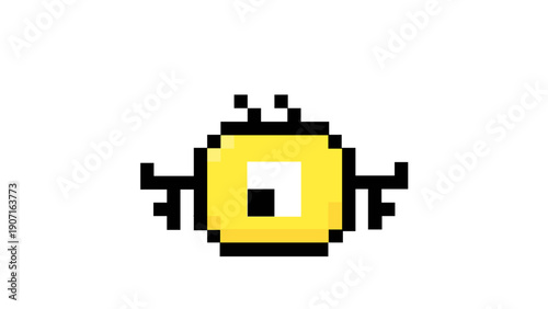 Whimsical yellow one-eyed pixel art creature, a charming retro video game character with small wings, perfect for classic arcade game themes and nostalgic digital designs