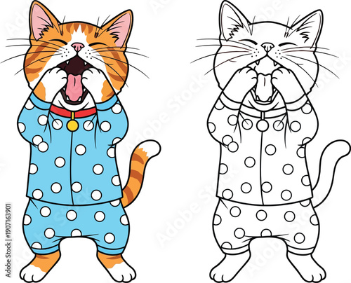 Cute Cartoon Cat Yawning in Polka Dot Pajamas Vector Illustration for Kids Coloring Book