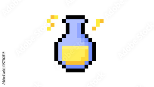Captivating pixel art magic potion bottle radiating a luminous glow, ideal for retro game development, fantasy UI elements, and mystical digital designs