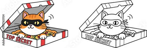 Top Secret Cartoon Ninja Cat Hiding in a Pizza Box Vector Illustration for Fun and Coloring