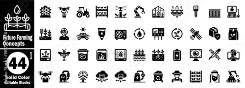 Future farming concepts icons. Solid color editable stocks, collection includes icons such as aeroponic tower, drone scanner, smart tractor, and many more vector illustrations.
