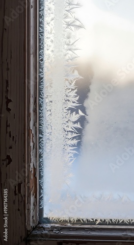 Frosty windowpane with delicate ice crystals and peeling wooden frame outdoors