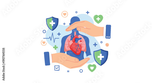 Hands cradling a vibrant red heart surrounded by health icons and symbols