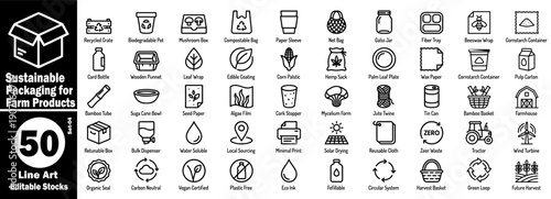 Sustainable packaging for farm products line art icons. Editable stocks. Collection of sustainable agriculture product packaging methods concept vector illustration.
