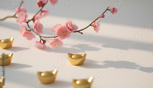 Golden Ingots and Cherry Blossoms: Symbol of Wealth and Prosperity for Lunar New Year and Asian Celebrations with Soft Light