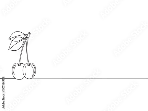 A minimalist line drawing of two cherries with a leaf on a simple background