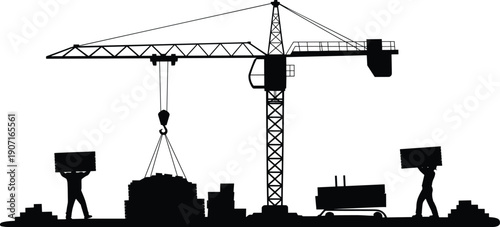 Industrial construction site silhouette with tower crane lifting heavy cargo, workers carrying bricks, and building materials for professional urban development projects.