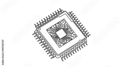 Perspective view of a computer processor chip with detailed internal circuitry shown in a black and white line art illustration against white.