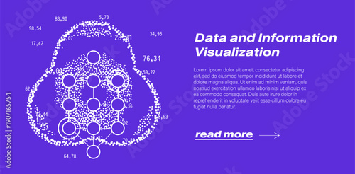 White particle point cloud forms abstract network node diagram with connected circles and numbers on vibrant purple background, futuristic style. Conceptual vector illustration for data visualization,