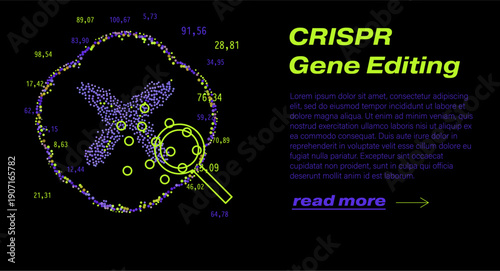Yellow-green particle cloud forms glowing chromosome outline with magnifying glass and numbers on black background, futuristic pointillism. Conceptual vector illustration for CRISPR gene editing.