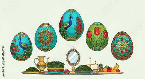 Easter eggs and traditional spring symbols on a table with mirror