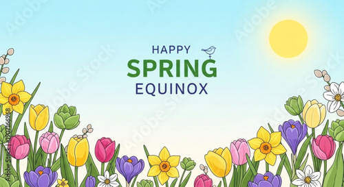 Vibrant spring flowers celebrate happy spring equinox with sunshine