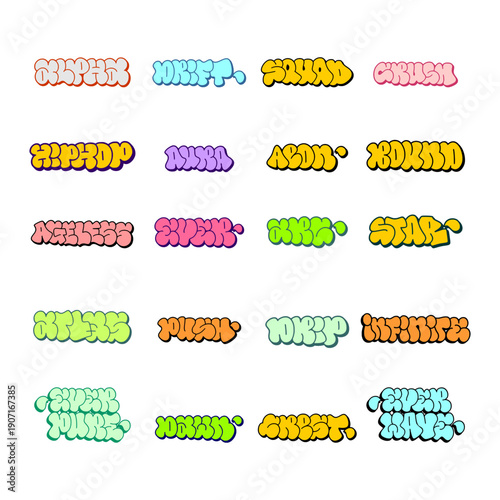 Big collection of 20 graffiti throw up bubble letter designs. Vibrant street art lettering set with drip effects on white background. High quality vector bundle for apparel.
