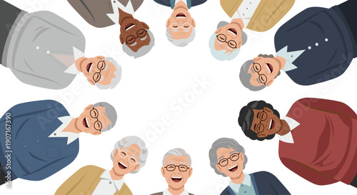 A joyful circle of diverse senior citizens happily looking downwards and smiling directly at the viewer, forming a positive and inclusive community gathering from a top perspective.