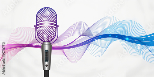 Eurovision background banner advertising 2026 microphone symbol with abstract musical waves, blue and purple lighting, clean background, modern promotional graphic.