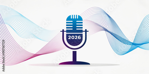 Eurovision background banner advertising 2026 microphone symbol with abstract musical waves, blue and purple lighting, clean background, modern promotional graphic.