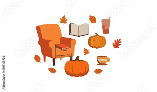 Cozy Autumn Still Life Vector Illustration with Chair Book Pumpkin and Cup