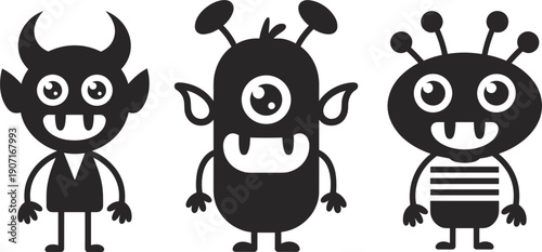 Cute cartoon monster character set, funny alien silhouette icons for children games and creative design project