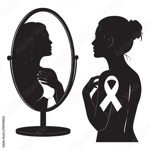 Woman checking her breast to prevent and support the cause of breast cancer. Breast self exam concept vector illustration