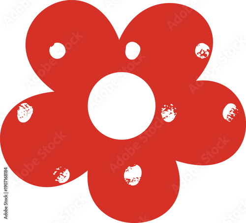 A red paper flower cutout with textured white spots and five petals.