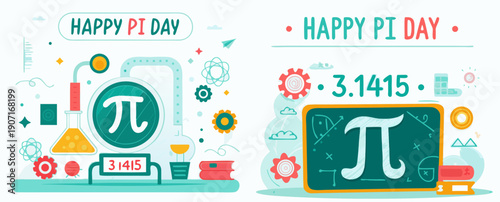 A colorful vector graphic illustration celebrating Pi Day with mathematical symbols and icons