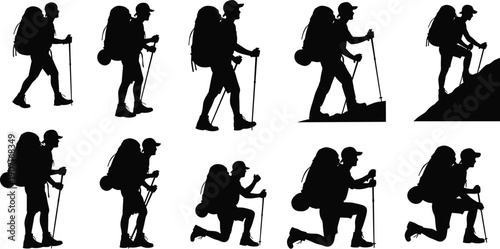 Black Silhouette Illustration of Hikers with Backpacks and Poles Depicting Walking, Climbing, Kneeling, and Outdoor Adventure Activity Concept