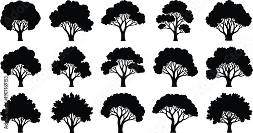 Black Silhouette Illustration of Sixteen Different Tree Designs Depicting Varied Shapes, Branch Structures, Canopy Patterns, and Nature Concept