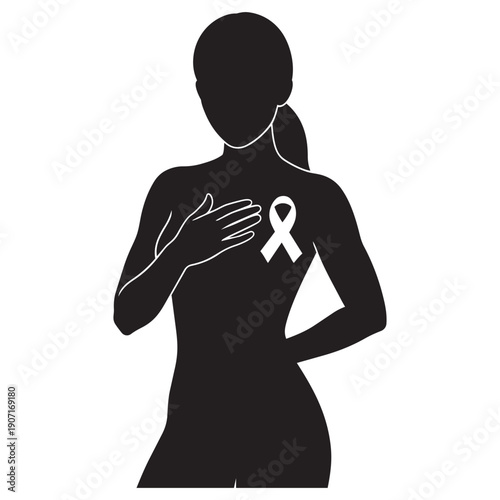 Woman checking her breast to prevent and support the cause of breast cancer. Breast self exam concept vector illustration