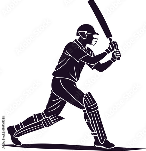 Single cricket batsman black silhouette vector flat illustration design.
