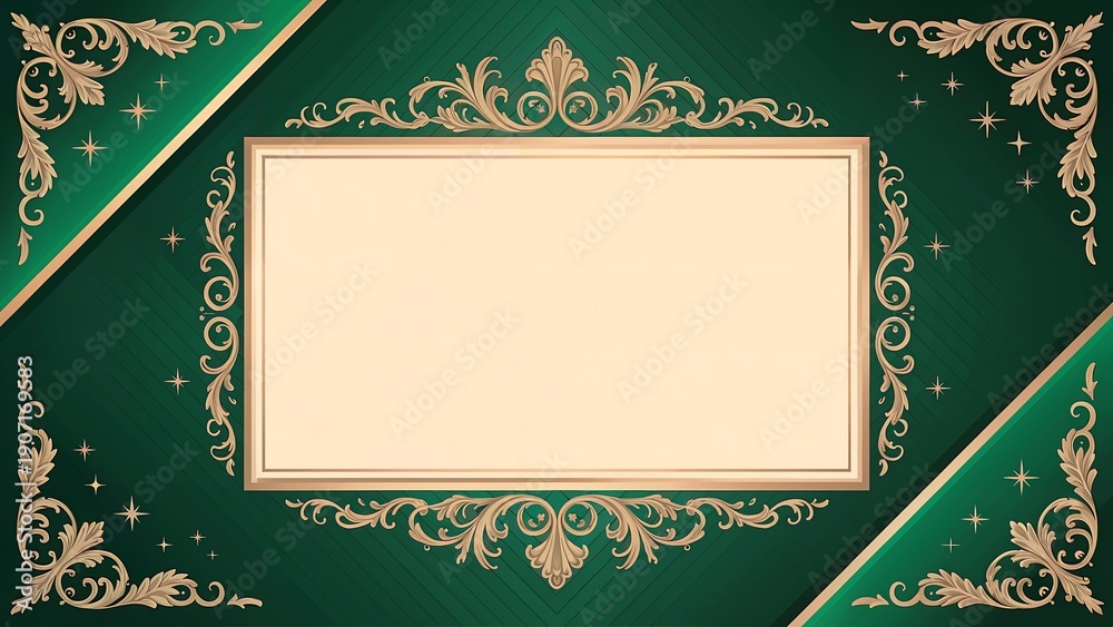 Naklejka premium Elegant green background with ornate gold frame and decorative corners for text or invitation.