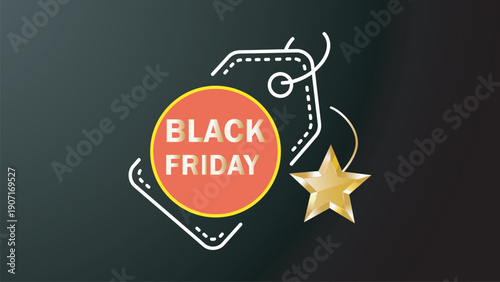 Black Friday sale shopping promotion with golden star and red discount tag on dark background vector illustration