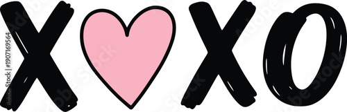Hand drawn xoxo with pink heart symbol, hugs and kisses concept, black brush stroke letters