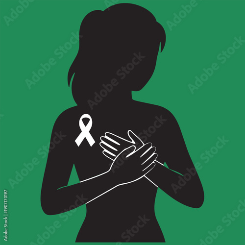 Woman checking her breast to prevent and support the cause of breast cancer. Breast self exam concept vector illustration