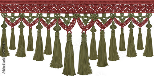 Decorative Fringe Trim Illustration with Red and Olive Green Tassels, Ornate Border, Loops, and Knots for Textile and Upholstery Design
