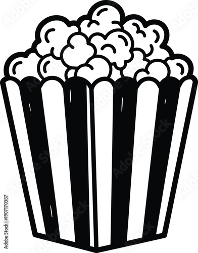 Hand drawn sketch of a popcorn bucket filled with popcorn, black and white outline drawing of a snack for movies and entertainment