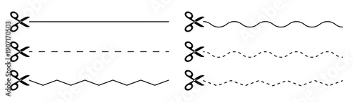 Set of scissors with cut lines - Scissors cut out of paper for frame print design. Vector design.